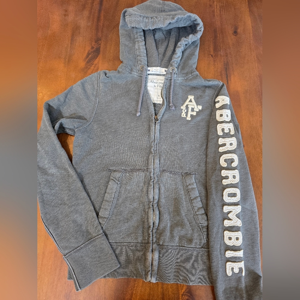 Y2K Abercrombie & Fitch Mens Full Zip Muscle Hoodie Gray Small Spellout Preppy - Picture 2 of 7